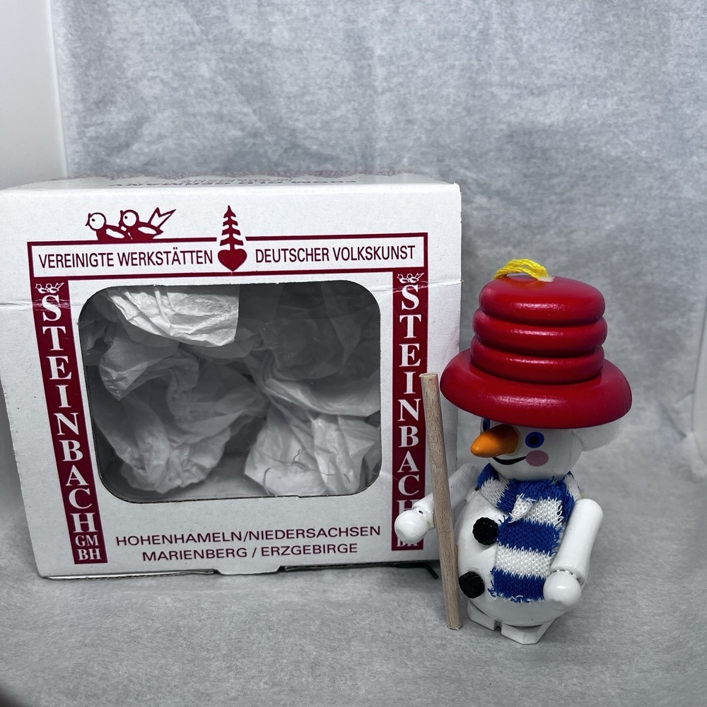 Vintage STEINBACH Erzgebirge Wooden Ornament SNOWMAN With Fuzzy Hair 3.5"